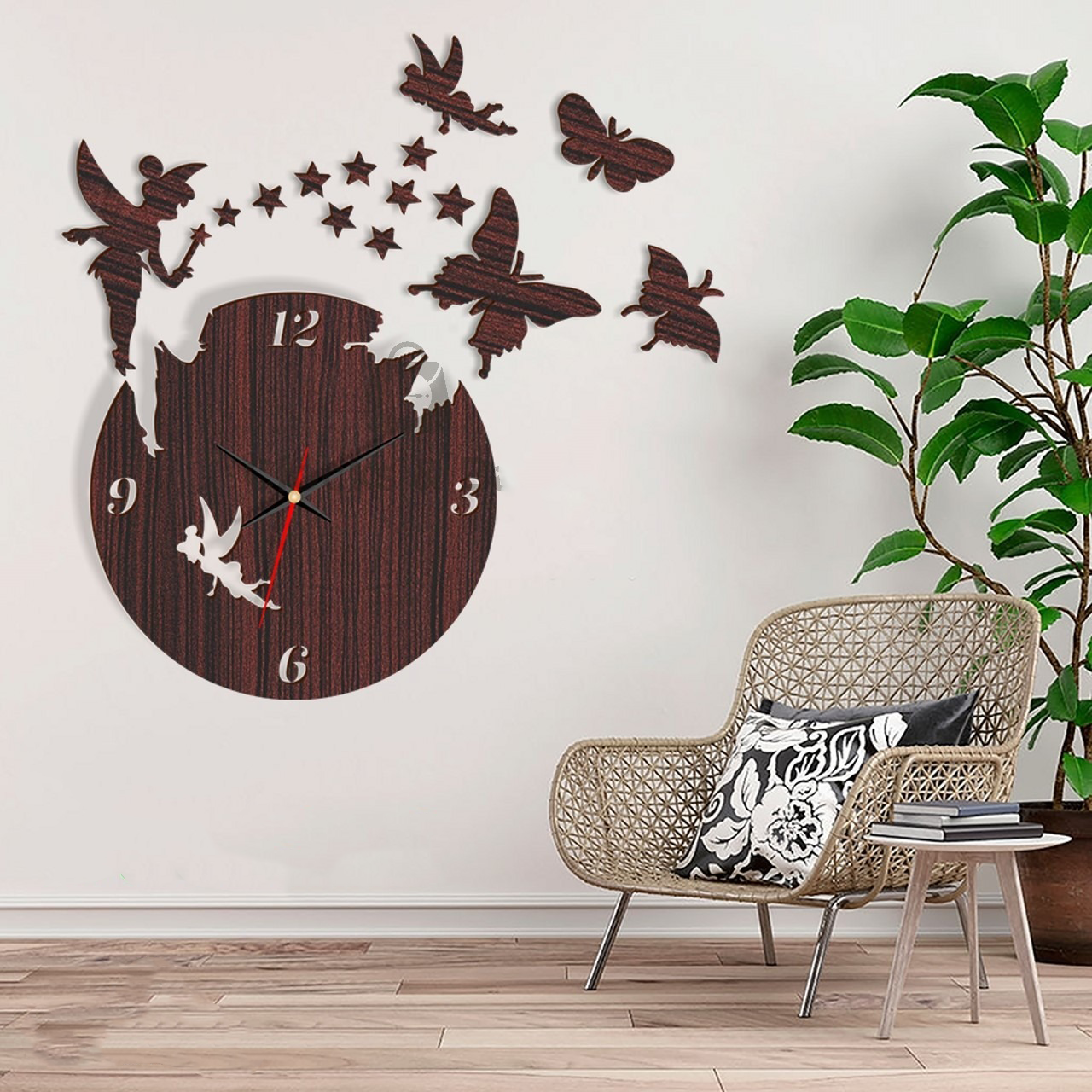 Fairy-Themed Wooden Wall Clock – 3D Laser Cut Design with Butterflies & Stars | Home & Bedroom Decor