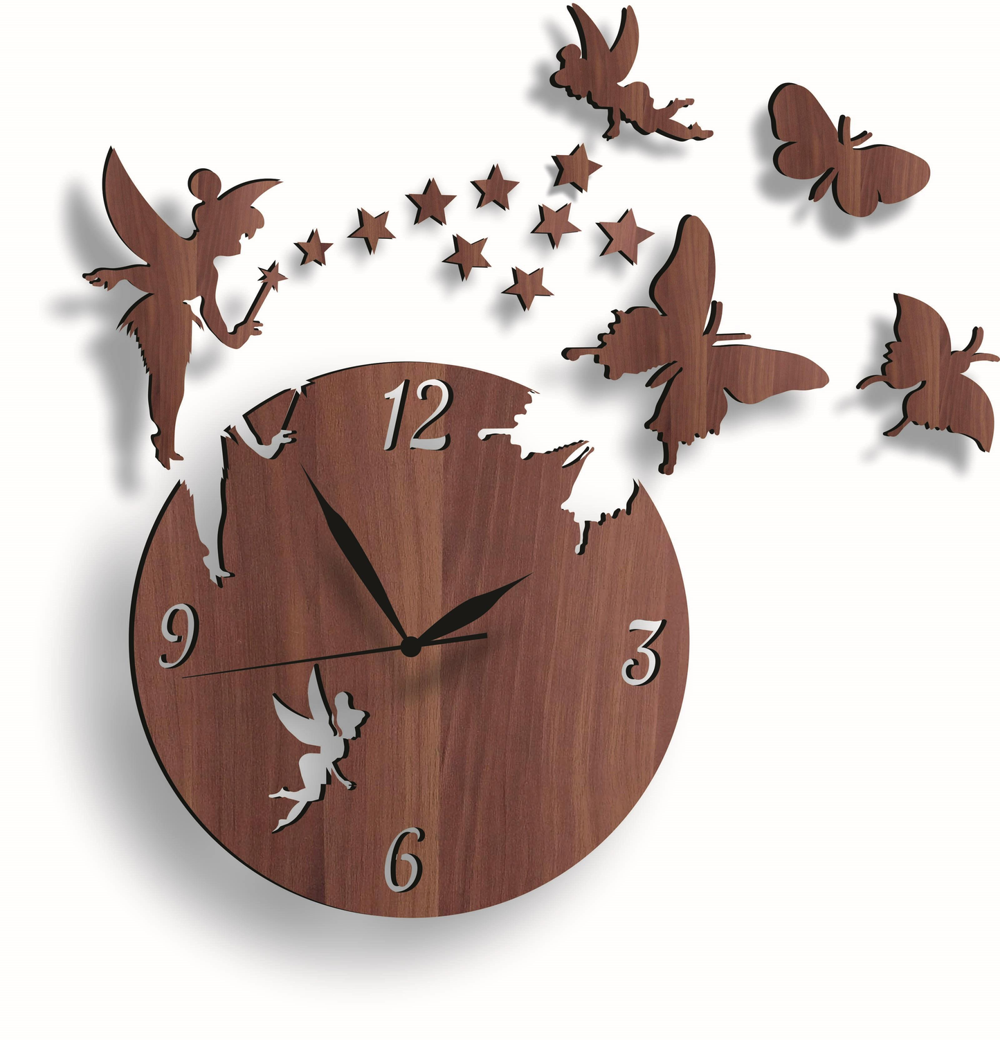 Fairy-Themed Wooden Wall Clock – 3D Laser Cut Design with Butterflies & Stars | Home & Bedroom Decor