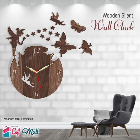 Fairy-Themed Wooden Wall Clock – 3D Laser Cut Design with Butterflies & Stars | Home & Bedroom Decor